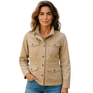 Gap Women's Core Utility Jacket Small Khaki Beige Brass Snap 100% Cotton Pockets
